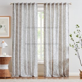 Lazzzy Linen Curtains Farmhouse Grey Floral Print Curtains 84 Inches Long Back Tab Drapes for Living Room Bedroom Semi Sheer Country Vintage Curtains 2 Panels Set Rod Pocket Gray on Beige