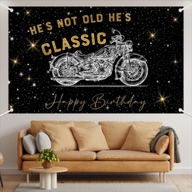 Lofaris Banner - 70.8x43.3 Inch Polyester Motorcycle Birthday Party Decoration, Classic Black and Gold Design with “He’s Not Old He’s Classic” Theme