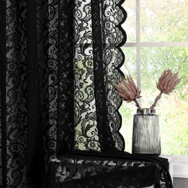 Bujasso Black Sheer Lace Curtains 84 inch Vintage Floral Sheer Gothic Curtain Panels for Living Room Bedroom Luxury Light Filtering Drapes Black Window Treatment Sets Rod Pocket 2 Panels 54" Wx84 L