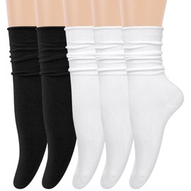 5 Pairs Slouchy Socks for Women, Crew Cotton Socks with Cute Roll Top Casual Calf Long Sock, White Black Design
