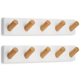 LARHN Wall Mounted Coat Rack, White with 5 Heavy-Duty 1" Diameter Hooks (2-Pack), 16.5" - Wall Hook Rack - Modern Scandinavian Home Decor