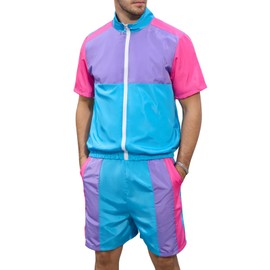 Yisfri 80s 90s Outfit for Men Women Vintage Windbreaker Jacket Track Suit Disco Themed Party Outfits Hip Hop Workout Set for Couple (Large, Blue)