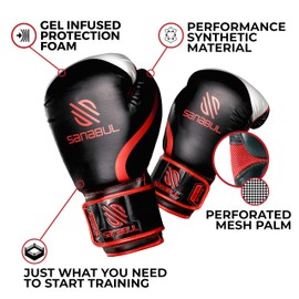 Sanabul Essential Gel Boxing Gloves for Men & Women, Kickboxing MMA, Muay Thai Gloves and Heavy Bag Training Punching & Sparring, Black/Red 14 oz