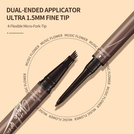 Music Flower Dual-Ended Microfilling Eyebrow Pen, Liquid Eyebrow Pen with 4 Micro Brush-Tip Applicators & Brow Defining Pencil with Precision Tip (Brown)