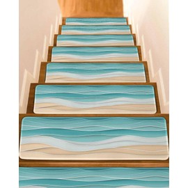 Stair Treads for Wooden Steps, Watercolor Teal Green Brown Water Ripple Non Slip Stair Carpet Indoor Stair Runner Staircase Step Treads, Gradient Line Stair Mat 8x30in 4 Pcs