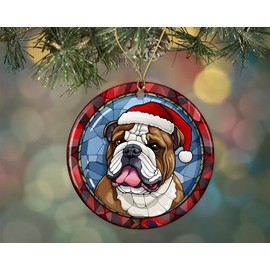 English Bulldog Christmas Stained Glass Ceramic Ornament, Christmas Tree Hanging Ornament, Dog Stained Glass Ornament, Ornament Religious Gift for Christians Printed on Both Sides
