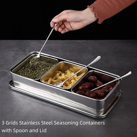 Stainless Steel Seasoning Containers Set, Condiment Jars 3 Grids Spice Salt Sugar Storage Organizers Box Kitchen Utensils Seasoning Box With Spoons Cover