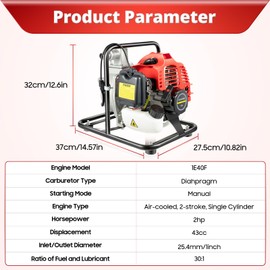Gas Gasoline Water Pump, 43cc 2-Stroke Gas Gasoline Engine Powered High Pressure Water Pumps Transfer 2HP 7000rmp Industrial Water Pump for Irrigation Pool, Landscaping or Gardening Irrigation