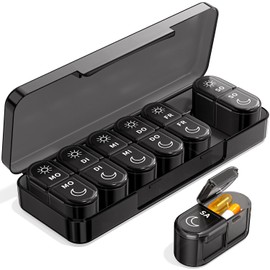 Pill Box 7 Days Morning Evening, Pill Box 7 Days 2 Compartments Small for On the Go Medication Box 14 Days Large Compartments for Medication, Vitamins, Fish Oil - Black