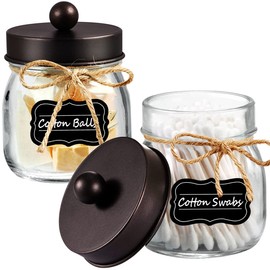 Amolliar Mason Jar Bathroom Vanity Organizer - Rustic Farmhouse Decor Bronze Bathroom Accessories -- Qtip Dispenser Holder Canister Glass for Q-tips,Cotton Swabs,Rounds,Ball,Flossers / Bronze,2-Pack