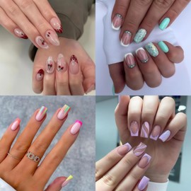 Premium Press On Nails 96pcs (24pcs×4 Boxes) - Short Nails Friendly, French Tip & Delicate Hand-Painted Art with Rhinestones, Long-Lasting Acrylic Fake Nails for Daily/Party/Wedding(Kit 3)