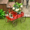 Wooden Wagon Plant Bed with Metal Wheels for Garden Yard