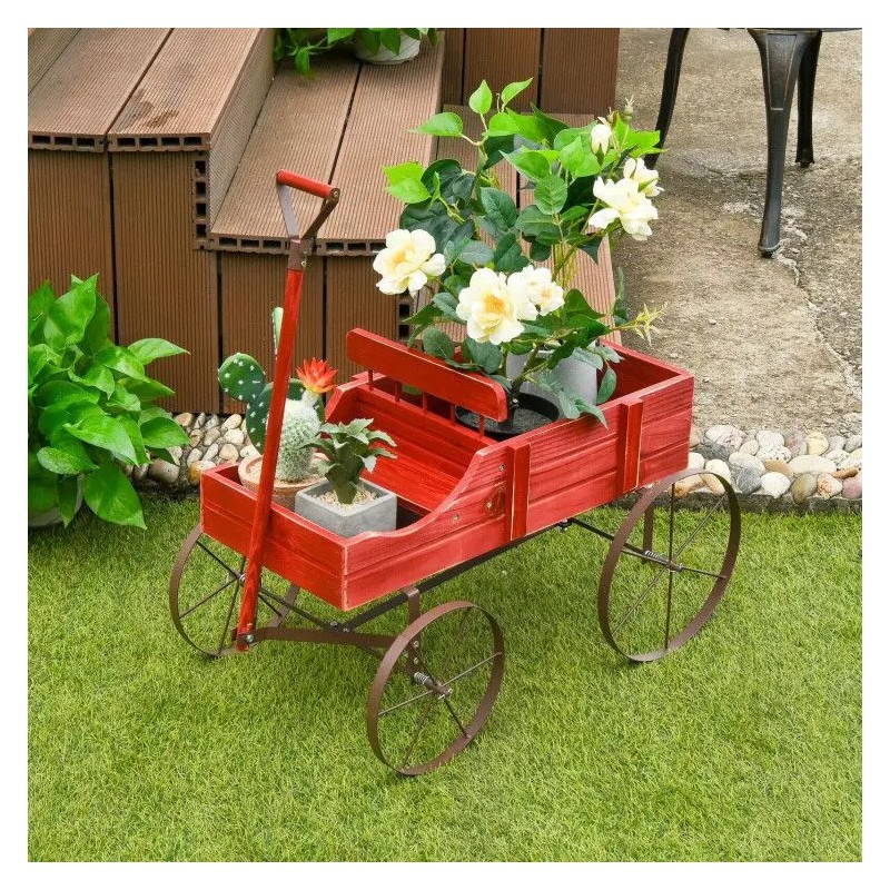 Wooden Wagon Plant Bed with Metal Wheels for Garden Yard
