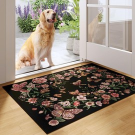 Rugcomf Door Mat Indoor Entrance 2x3 Rug Machine Washable Boho Floral Butterfly Small Area Rug Non-Slip Low Pile Throw Rugs for Entryway Kitchen Front Door Indoor Entrance Entry Kids Room, Black