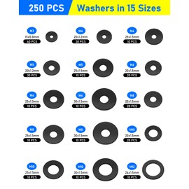 HOLMOL Washers 250PCS, Black Flat Penny Washers, Stainless Steel Washer for Screws & Bolts with 15 Sizes M3 M4 M5 M6 M8 M10 M12, Flat Metal Washer Assorted