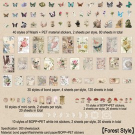 Wavamawa Vintage Scrapbook Stickers and Washi Set (260PCS) for Journals, Planners, DIY Supplies - Botanical Cottagecore Collage Album with Floral Retro Ephemera (Forest Style)