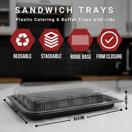 Zumart Pack of 6 Sandwich Platter Trays With lids - Reusable Plastic Catering Trays With Lids for Meal Prep, Cakes, Treats and Sandwiches (33.5cm x 24cm x 6cm)