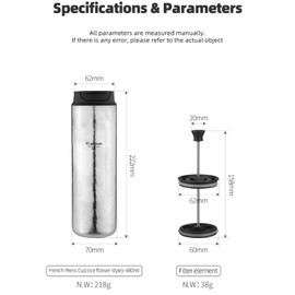 Ti artisan Titanium Water Bottle French Press Pot Milk Frother Coffee Cups 16.23fl oz | Double Layer Thermal Insulation | Leakproof & Packable for Travel & Sports | (Ice Flowers)