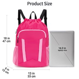 Veious Drawstring Backpack for Kids Sports Gym Bag with Shoes Compartment, Water Resistant Beach Swim Bag String Backpack for Girls and Boys, Pink