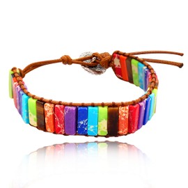 Uloveido Colorful Tube Shape Natural Stone Single Wrap Beaded Leather Rope Adjustable Boho Wrap Bracelet for Women