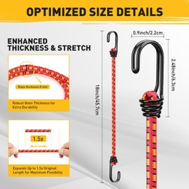 ELEAD 18" Elastic Bungee Cords with Hooks: 10 Pcs Bungee Cords Heavy Duty Outdoor, Bungie Cord Bundle Assortment with Metal Hook, Bungee Straps for Kayaking, Camping, Garage Storage