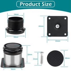 Sandiyago 4 Pcs 5cm Adjustable Furniture Legs, Stainless Steel Heavy Duty Metal Furniture Feet with 16 Pcs Screws, Round Adjustable Leg Cabinet Kitchen Table Leg，Furniture Pads Protector