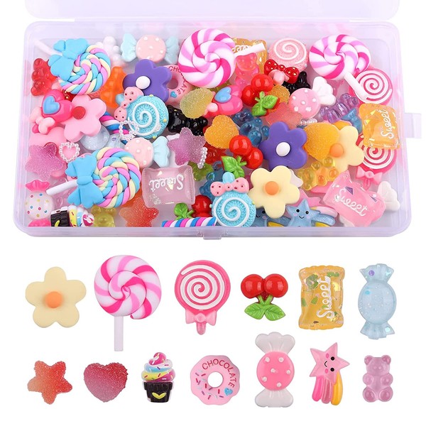 EBANKU 80 Pieces 3D Nail Charms Kit, Nail Charms Resin Charms Mixed Sweets Lollipop Flower Doughnut Cherry Resin Flatback Slime Beads Making for DIY Craft Making Nail Art Decorations
