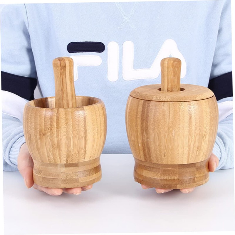 LABRIMP -in-one Garlic Press Set Bamboo Pot Pestle Food Garlic