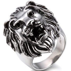 JewelryWe New Biker Men's Vintage Style Casting Stainless Lion Head Ring Band (with Gift Bag, Sizes Selectable)