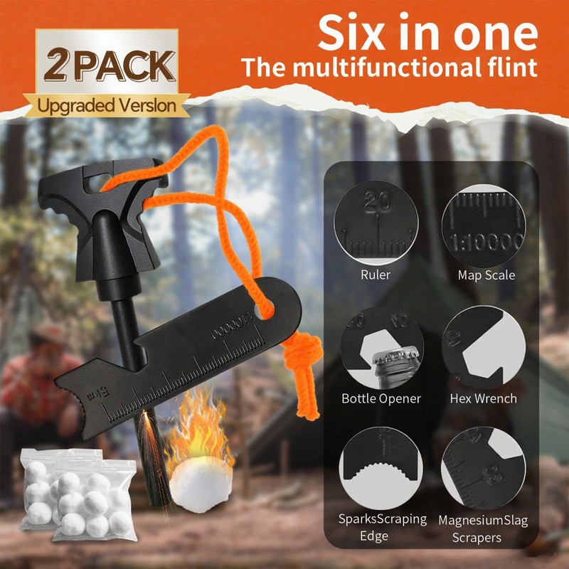 2PCS Magnesium Fire Starter with Striker, High Temp Magnesium Rod,
