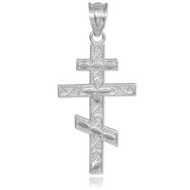 14k White Gold Russian Orthodox Cross Pendant
