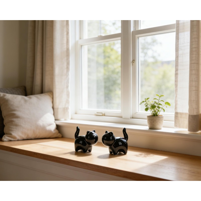 3 Inch Black Ceramic Cat Figurines Set of 2