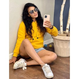 Gnveub Women's Casual Winter Warm Fleece Sherpa Lined Hooded Sweatshirt Thick Pullover Plus with Pockets（Yellow-XS）