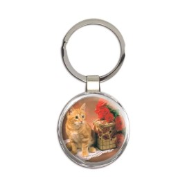 Cat : Gift Round Keychain Cute Animal Kitten Funny Friend Flowers Pet