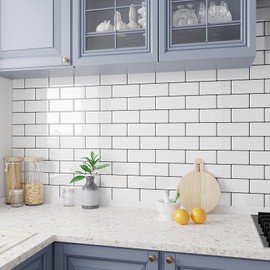 VEELIKE Tile Seal, Waterproof, Kitchen Tile Sheet, Heat Resistant, 6 Pieces, 11.8 x 11.8 inches (30 x 30 cm), Brick Style, White, Glossy, Tile Sticker, 3D Wallpaper Seal, Mosaic, Thick, Glued,