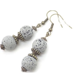 Gray Lava Stone Bead and Antique Bronze Tibetan Bead Earrings