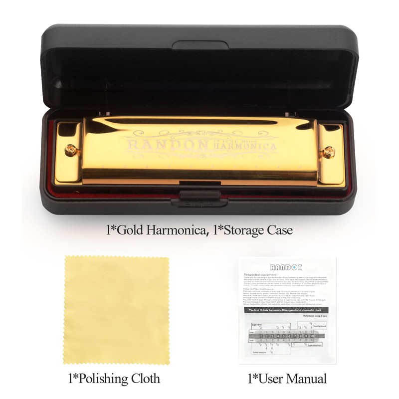 Randon Golden Harmonica Key of C with Case, 10 Holes