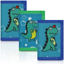 sundee RFID Blocking Wallet,3 Packs Kids Wallet Bulk,Mini Trifold Coin Purse Cartoon Wallet,Front Pocket Wallet with Zipper for Kids,Canvas Outdoor Sports Wallets with Magic Sticker - Dinosaur 4