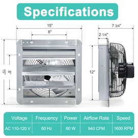 Hipoilk 12 Inch Shutter Exhaust Fan with Speed Controller and Power Cord, Wall Mount Attic Fan for Greenhouses, Sheds, Garages, Chicken Coops, Barns Ventilation, 970 CFM