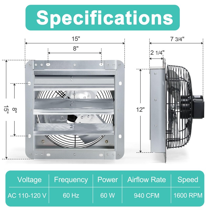 Hipoilk 12 Inch Shutter Exhaust Fan with Speed Controller and