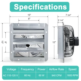 Hipoilk 12 Inch Shutter Exhaust Fan with Speed Controller and Power Cord, Wall Mount Attic Fan for Greenhouses, Sheds, Garages, Chicken Coops, Barns Ventilation, 970 CFM