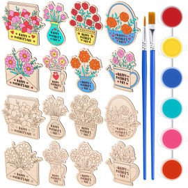 Geelin 16 Set Mother's Day Crafts for Kids Happy Mother's Day DIY Wooden Flowers Crafts Set Colorful Painting Wooden Flowers Gift with Painting Tools for Boys Girls Classroom Home Party Decor 8 Styles