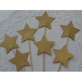 Metallic Gold Star Cupcake Toppers - Food Picks - Party Picks - Appetizer Picks - Gold Shimmer (Set of 24)
