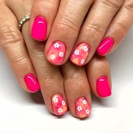 Flower Press On Nails Short Square, 24pcs Flower Fake Nails for Spring Summer Nail Accessories (Daily Flower Short Square)