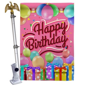 Breeze Decor HS115133-P3-02 Celebrate Happy Birthday Special Occasion Party & Celebration Impressions Decorative Vertical 28" x 40" House Flag Set Aluminum Pole Bracket Hardware