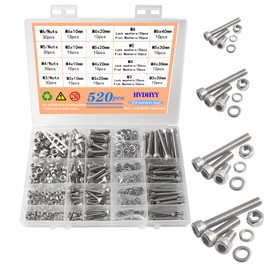 HVDHYY Sets of Screws and Nuts M3 M4 M5 M6 Cylinder Screws with Hexagon Socket A2-70 Stainless Steel Nuts, Washers Assortment Kit Hex Socket Button with Storage Box 520 Pieces