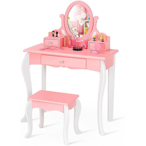 HONEY JOY Kids Vanity and Stool Set, Toddlers Pretend Play Vanity Set with 3 Drawers, 360° Rotating Oval Mirror, Wooden Girls Makeup Dressing Table for Bedroom Playroom, Gift for Little Girls (Pink)