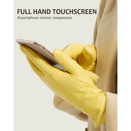 Leather Gloves Women - NOVBJECT Winter Full-Hand Touch Screen Warm Driving Gloves Lambskin Cashmere lined Yellow, M