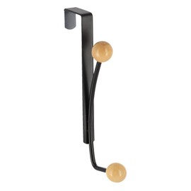 Over The Door Hook Rack Black Finish with 2 Natural Wooden Ball Ends - Double Metal Hanger Fits Standard Doors for Hats Coats Towels Bags Scarves - Entry Closet or Bathroom Use