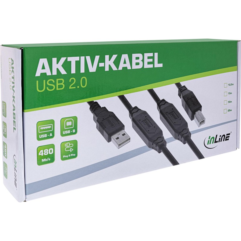 InLine® USB 2.0 Aktiv-Kabel mit Signalverstärkung, USB-A zu USB-B, Druckerkabel